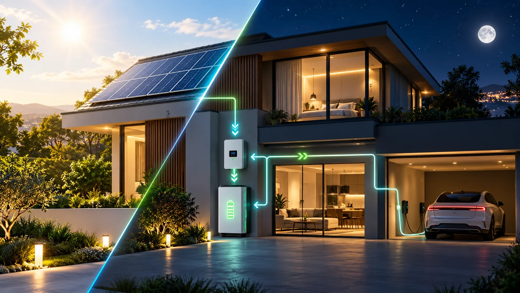 Residência usando bateria de energia solar durante a noite