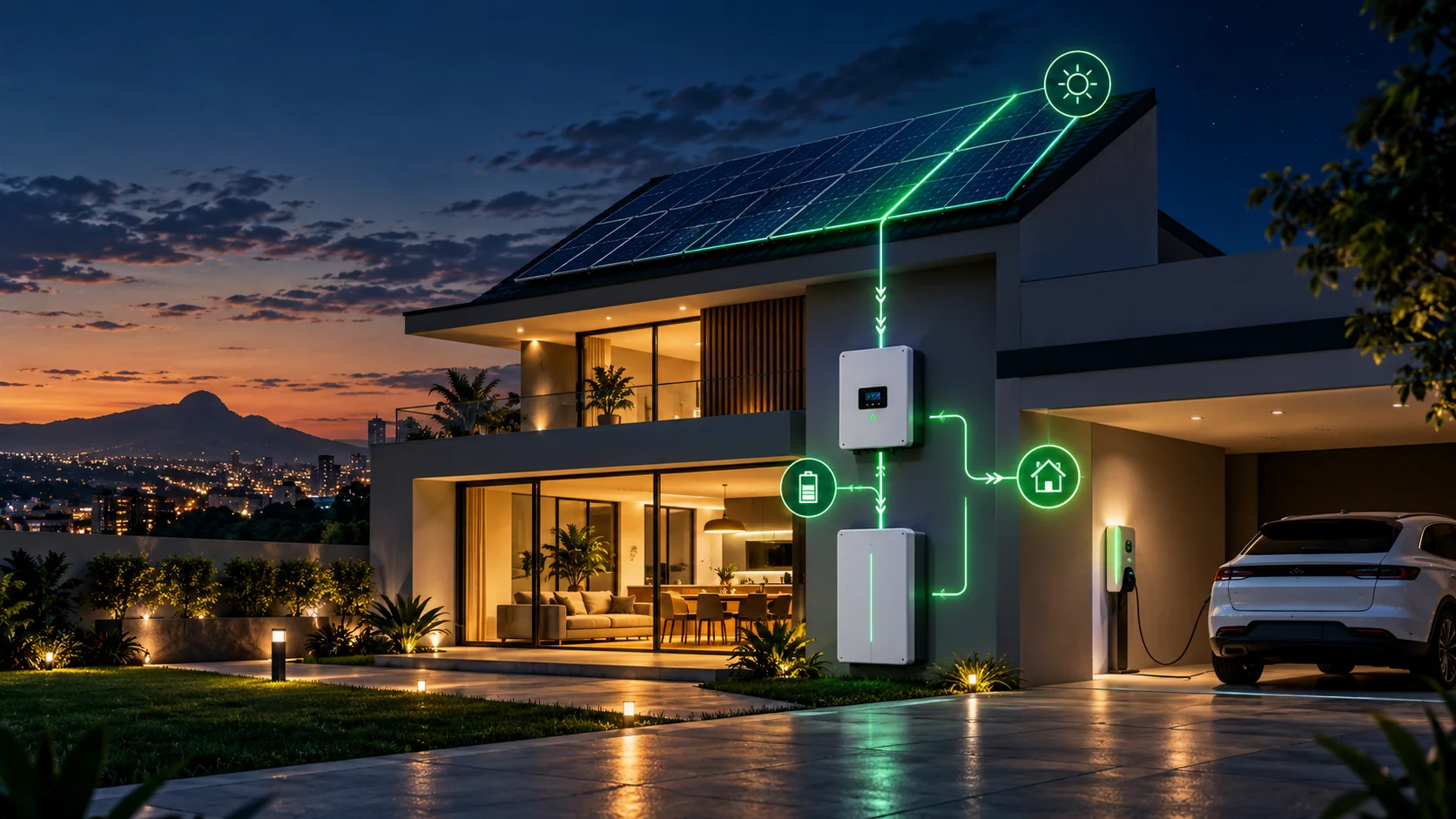 Casa com painéis solares, inversor híbrido e bateria para aumentar autoconsumo